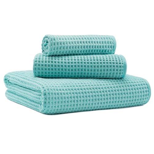 MICROFI Microfiber Waffle Bath Towels, 3 Pieces, Oversized, Soft, Absorbent, Fast Drying, Lint Free, Includes Bath, Face and Hand Towels 430 GSM - color: Turquoise