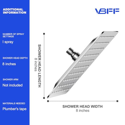 VBFF-Shower Head,rain shower head, 8 inch- Square Shower Head, 1.8 GPM Flow Rate, rainfall showerhead,VBFF07 (Chrome) - color: Chrome, size: 8 Inch