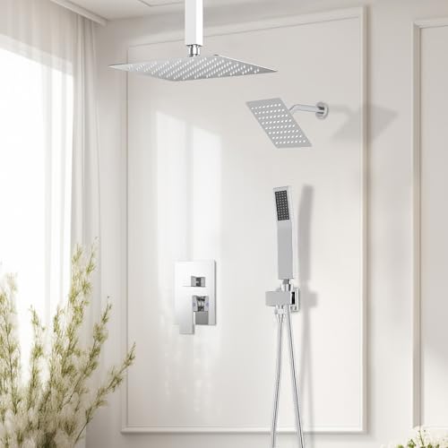 STARBATH Shower Faucet Set Shower System with Diverter Valve, Chrome | 12 Inch Ceiling Mount Rain Shower Head, 6 Inch Wall Mount Rainfall Shower Head and Handheld Spray for Two Person - color: Chrome, size: 12"+6"-02