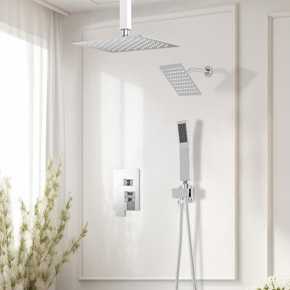 STARBATH Shower Faucet Set Shower System with Diverter Valve, Chrome | 12 Inch Ceiling Mount Rain Shower Head, 6 Inch Wall Mount Rainfall Shower Head and Handheld Spray for Two Person - color: Chrome, size: 12"+6"-02