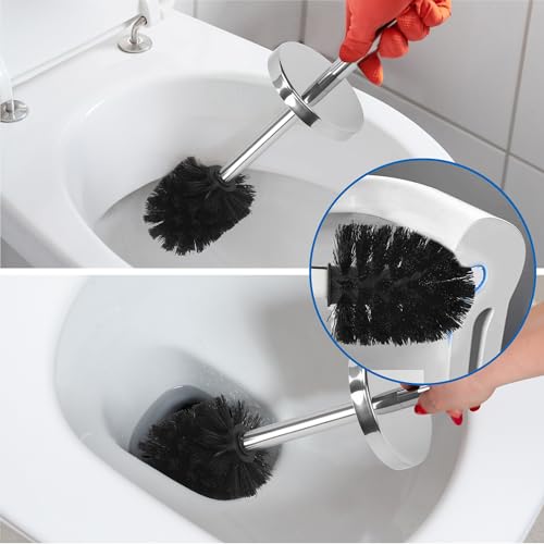 Heavy Duty Stainless Steel Toilet Brush Set with Holder(2 Brush Heads) – Rustproof Toilet Bowl Brush, Compact Cylinder Base, Extra Long Handle for Deep Cleaning, Silver - color: Silver