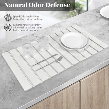 Extra Large Stone Dish Drying Mat for Kitchen Counter, 28"(L)×16"(W) Eco-Friendly Diatomaceous Earth Dish Mats, Fast Dry Absorbent Collapsible Mats for Bottles,Dishes, Match Any Countertop - size: 28" x 16"