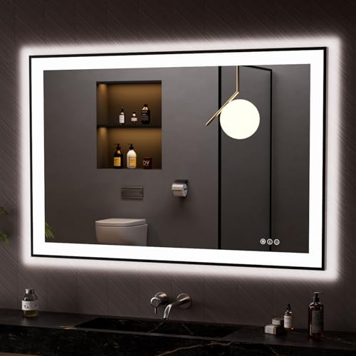 LOAAO 48"X32" LED Bathroom Mirror Black Framed | Anti-Fog, Dimmable, Memory Function, Tempered Glass, Lighted Vanity Mirror for Wall - size: 48"L x 32"W