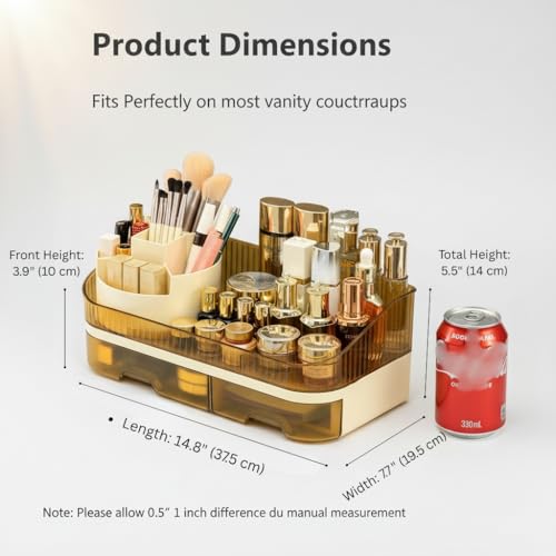 Makeup Organizer Countertop with Dual Drawers | Plastic, Vanity Bathroom Desk, 360° Rotating, Easy Clean, Cosmetic Skincare - color: brown
