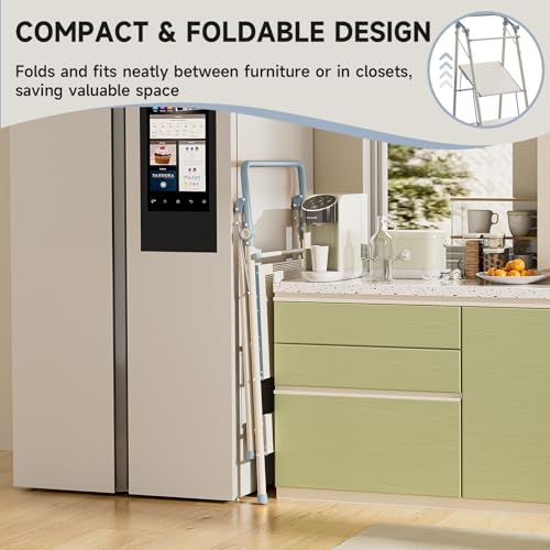 Foldable Toddler Tower, 2-in-1 Alloy Steel Kids Kitchen Step Stool & Adult 2-Step Ladder, Folding Kitchen Tower with Removable Safety Rail, Anti-Slip Steps for Kitchen & Bathroom - color: Cool Gray & Ivory