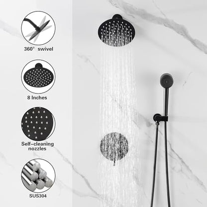 Black Shower Faucets Sets Complete, Shower Fixtures, Shower System with 8 Inches Rainfall Shower Head And 3-function High Pressure Handheld, Built- in Brass Valve with Box - style: 8-inch Black