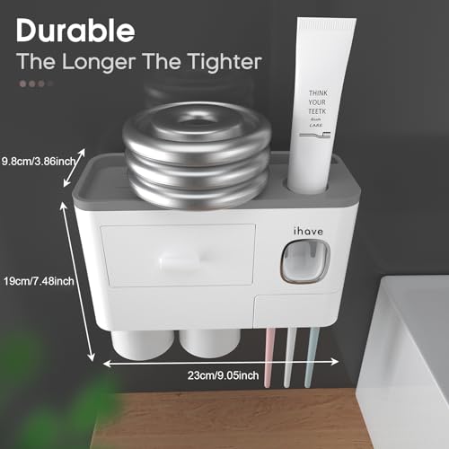 iHave Toothbrush Holders Wall Mounted with Toothpaste Dispenser & 2 Cups | All-in-One Bathroom Organizer: 2 Cups, 6 Slots, Toothpaste Dispenser, Large Tray & Drawer. Wall Mount, No Drilling Required - color: White, size: 2 cup