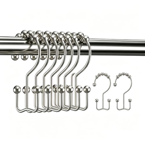 Shower Curtain Hooks, 12 Pack Rust-Resistant Metal Double Roller Shower Curtain Rings, Smooth Glide Double Hook Design for Shower Curtains and Liners, Fits Standard Bathroom Shower Rods, Nickel