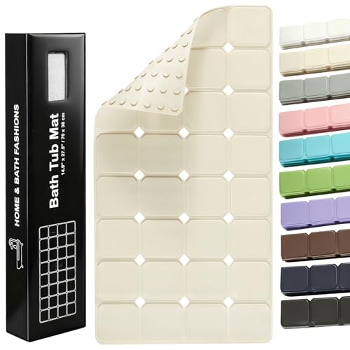 Non-Slip Silicone Bathtub Mat, Foldable Bath Tub Mat, 14.9 x 27.5in, Beige | Bathroom shower mat with suction cups, Machine Washable, Durable & Eco-Friendly, Large Drain Holes, Ideal for Family Use - color: Beige