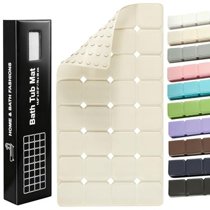 Non-Slip Silicone Bathtub Mat, Foldable Bath Tub Mat, 14.9 x 27.5in, Beige | Bathroom shower mat with suction cups, Machine Washable, Durable & Eco-Friendly, Large Drain Holes, Ideal for Family Use - color: Beige