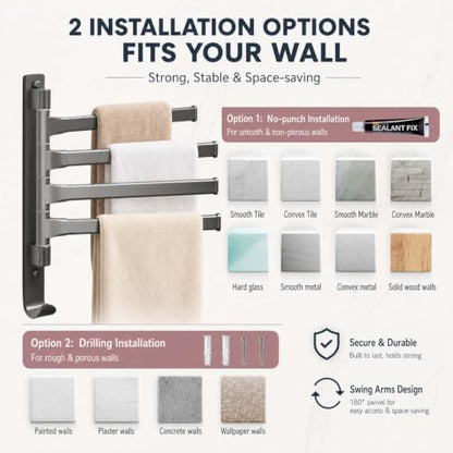 2-5 Arms Swivel Towel Rack Bath Towel Holder with Hook Swing Arm Towel Rack Wall Mount for Bathroom Kitchen-Grey 4Arm - color: Grey, size: 4-arm
