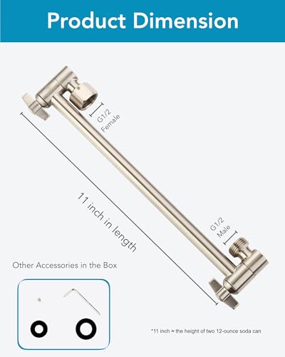 11 Inch Adjustable Shower Head Extension Arm With Locking Set Screw, Singing Rain 304 Stainless Steel Nickel Brushed Angle Height Adjustable, G1/2 Universal Connector Compatible (Nickel Brushed) - color: 2. Nickel Brushed, style: 11 inch