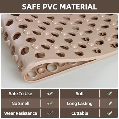 Shower Mat Non Slip: 35.4" x 23.6" Large PVC Heavy Shower Mats for Inside Shower - Quick Dry Shower Foot Scrubber Matt with Drain Hole and Suction Cups for Elderly - color: Khaki