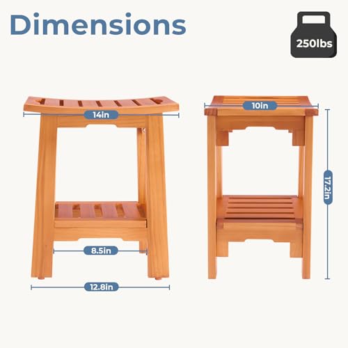 DUMOS 14" Woodern Shower Bench for Inside Shower, Waterproof Bathroom Bench | Shower Chair for Shaving Legs and Spa, Non-Slip Solid Wood Shower Stool with Handles for Senior Adult Disabled Elderly, Brown - size: 13.98"W