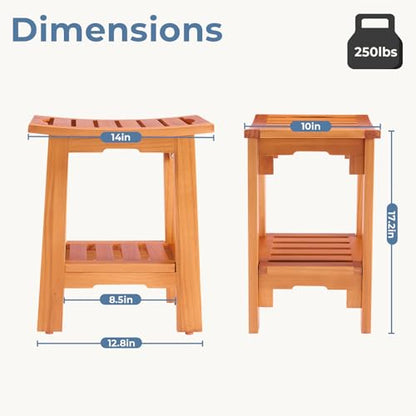DUMOS 14" Woodern Shower Bench for Inside Shower, Waterproof Bathroom Bench | Shower Chair for Shaving Legs and Spa, Non-Slip Solid Wood Shower Stool with Handles for Senior Adult Disabled Elderly, Brown - size: 13.98"W