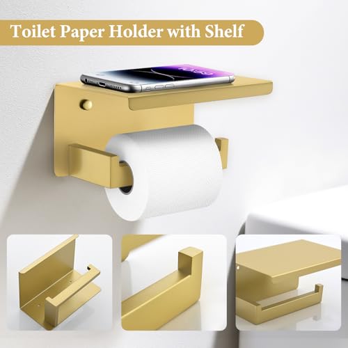 TURS Bathroom Hardware Set Brushed Gold 4-Piece Towel Bar Set Include 24 Inch Towel Bar Towel Ring Towel Hook Toilet Paper Holder with Shelf Wall Mounted. - color: Brushed Gold, size: Set C