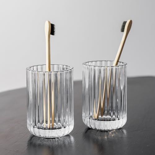 2 piece Simple Transparent Glass Toothbrush Cup and Holder Set | Glass material,Thick heavy base,Can be used as toothbrush holder, pen holder, rinse your mouth etc.