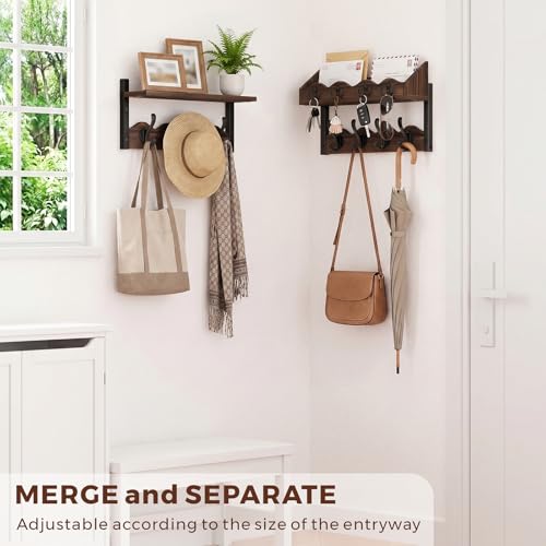 Coat Rack Wall Mount with Shelf, 4 in 1 Wood Entryway Shelf with 12 Hooks | Mail and Key Holder, Wall Mounted Coat Hanger for Bathroom, Living Room, Bedroom, Brown