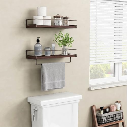 Forbena Dark Brown Kitchen Shelves Wall Mounted Set of 2, Walnut Brown Floating Kitchen Wall Shelves with Rail, Hanging Shelves for Kitchen Wall Coffee Bar (Wooden Pine Wood) - color: 8. Dark Brown