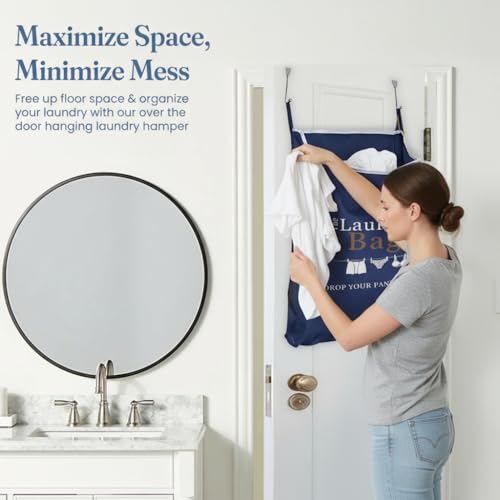 Fine Living Co. Large Hanging Laundry Hamper with Over Door Hooks & Adhesive, Durable Space Saving Laundry Bag with Zipper and Wide Open Top, Hanging Dorm Laundry Hamper (Navy Blue with Print-XL) | Hanging Dorm Laundry Hamper with Over Door Hooks & Adhesi
