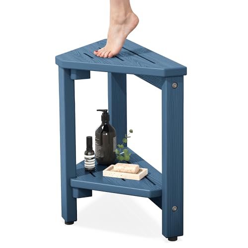 SERWALL 15" Shower Foot Rest for Shaving Legs, Waterproof Corner Shower Stool for Inside Shower, HDPE Shower Bench with Storage Shelf, Load 360Lbs, Indoor/Outdoor Use, Blue - color: Blue