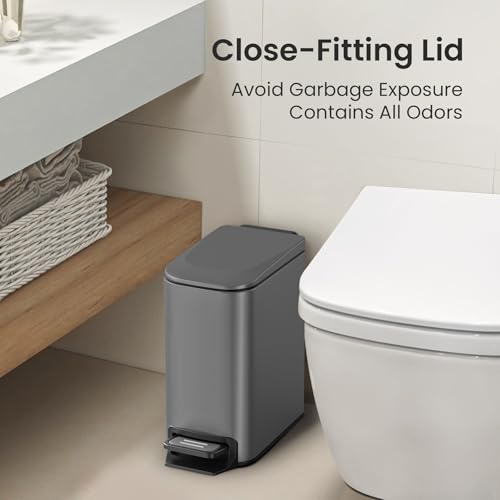 Cesun Small Bathroom Trash Can with Lid, 1.6 Gal, Soft Close, Gray | Step pedal soft close, Slim 5.9in fits narrow spaces, Stainless steel, Anti-fingerprint, Removable inner bucket, Odor seal - color: Gray