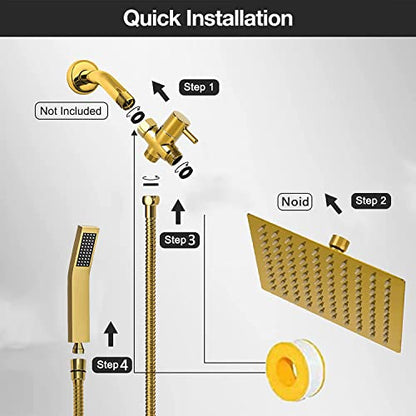 8" High Pressure Square Rain Shower Head And All Metal Handheld Shower, Equipped With 78"Hose, 3 Way Diverter Valve,Adhesive Shower Head Holder, Luxury Shower Combo - color: Gold, size: 8