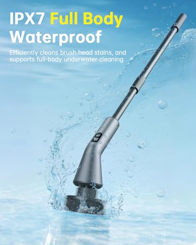 Electric Spin Scrubber, IPX7 Waterproof 2-Speed, Extendable Long Handle Cordless Cleaning Brush with 7 Replacement Brush Heads for Bathroom Shower Bathtub Glass Tub Tile Floor Car