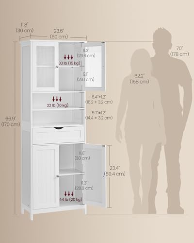 VASAGLE Storage Cabinet, Freestanding Storage Unit with Adjustable Shelves, Drawer, Open Compartments, for Bathroom, Living Room, Kitchen, Cloud White UBBC768WH01S - size: 11.8"D x 23.6"W x 69.9"H, style: 4 Doors + 2 Open Compartments