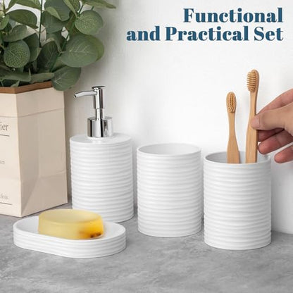 Plastic Bathroom Accessories Set 4Pcs, White Bathroom Accessory Set Includes Liquid Soap Dispenser with Rust-Proof Plastic Pump, 2Pcs Bathroom Cup, Soap Dish for Modern Home Apartment - color: White