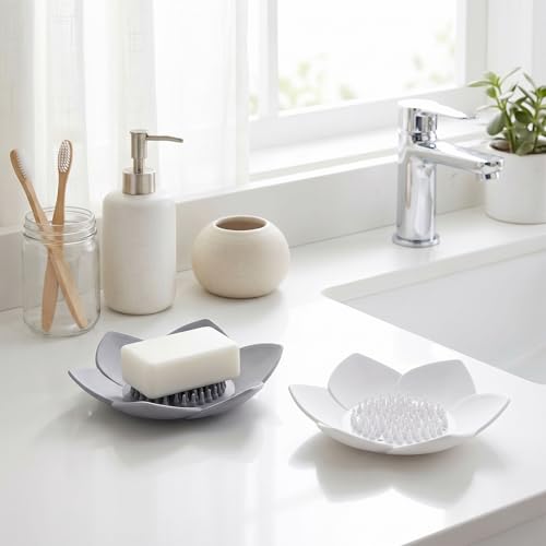 JJUNW 2 Pack Silicone Soap Holder with Self Draining, Lotus Shower Steamer Trays Soap Dish for Shower Sink Bathtub - Non-Slip Bar Soap Saver Extend Soap Life