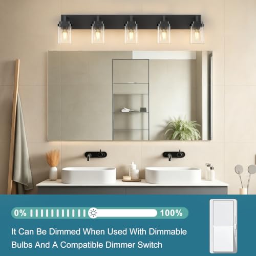 Matte Black Bathroom Light Fixtures, Modern Vanity Lights with Clear Glass Lamp Shade, Bathroom Lighting Fixtures Over Mirror, Restroom Vanity Lighting Fixture, 5-Light 36 Inch - color: Blakc, size: 5-Light