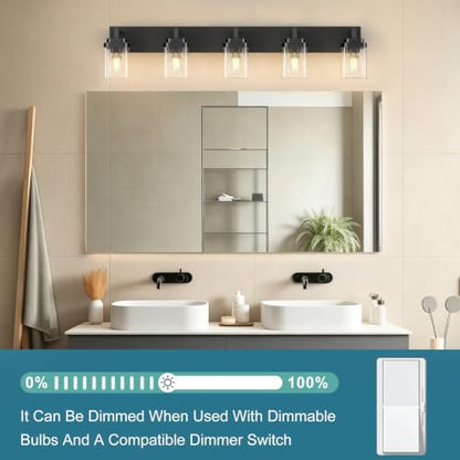 Matte Black Bathroom Light Fixtures, Modern Vanity Lights with Clear Glass Lamp Shade, Bathroom Lighting Fixtures Over Mirror, Restroom Vanity Lighting Fixture, 5-Light 36 Inch - color: Blakc, size: 5-Light