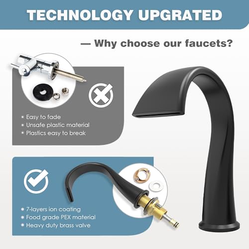 Bathroom Faucets 3 Hole Bathroom Sink Faucet with Pop Up Drain and Water Supply Hoses 8 Inch Waterfall Bathroom Faucet Two Handles for Vanity,Lavatory,Restroom,Commercial,Black - color: Black