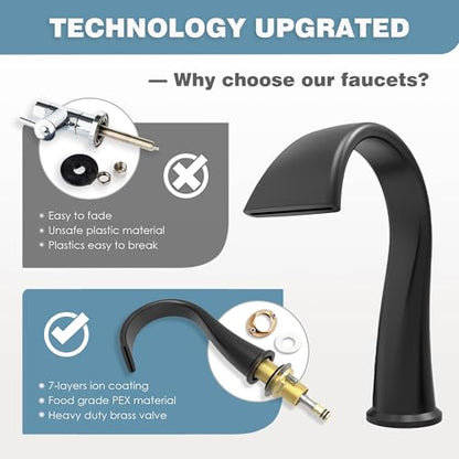 Bathroom Faucets 3 Hole Bathroom Sink Faucet with Pop Up Drain and Water Supply Hoses 8 Inch Waterfall Bathroom Faucet Two Handles for Vanity,Lavatory,Restroom,Commercial,Black - color: Black