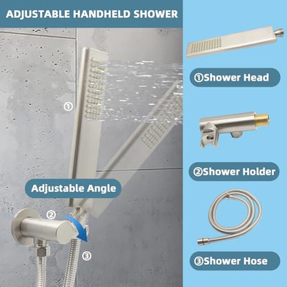 Solid Brass Handheld Shower Head Arc Design High Pressure Brushed Nickel Hand Shower Wand with Adjustable Supply Elbow Wall Connector Shower Holder and 59″ Stainless Steel Hose Set - color: Brushed Nickel