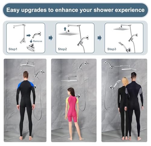 BRIGHT SHOWERS High Pressure Rain Shower Head Combo with Double Extension Arm, 8 Inch Rainfall Shower Head with Handheld Spray, Height Adjustable Dual Square Showerhead Set, Chrome - color: Chrome, style: Dual Shower Head with Extension Arm