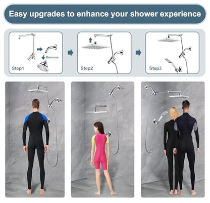 BRIGHT SHOWERS High Pressure Rain Shower Head Combo with Double Extension Arm, 8 Inch Rainfall Shower Head with Handheld Spray, Height Adjustable Dual Square Showerhead Set, Chrome - color: Chrome, style: Dual Shower Head with Extension Arm