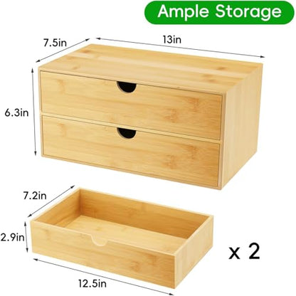 Neando Bamboo Desk Organizer with 2 Drawers, Wooden Countertop Drawers Organizer, Tabletop Storage Organization Box for Office & Home, No Assembly Needed - size: 2 Drawers