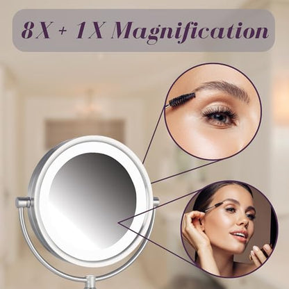 JERDON Lighted Makeup Mirror with 8X Magnification - Nickel - HL8808NL | Two-Sided 1X View, 8.5" Round Frame, 16" Tall, LED Lighting - color: Nickel