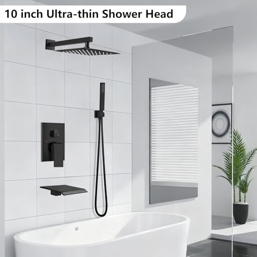 Midanya Shower System with Tub Spout,Bathtub Shower Faucet Set with Square Rainfall Head and Handheld Sprayer Wall Mount Tub Faucet Set with Valve and Trim Kit,10 Inch Matte Black - color: Matte Black, size: 10 Inch