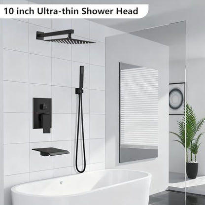 Midanya Shower System with Tub Spout,Bathtub Shower Faucet Set with Square Rainfall Head and Handheld Sprayer Wall Mount Tub Faucet Set with Valve and Trim Kit,10 Inch Matte Black - color: Matte Black, size: 10 Inch