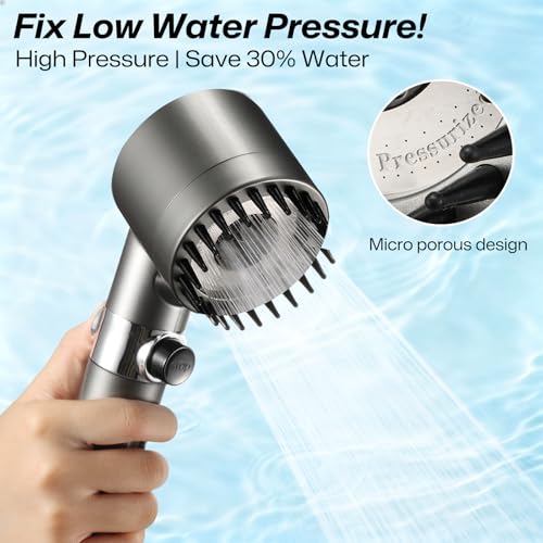 Filtered Handheld Shower Head for Hard Water, High Pressure with On/Off Switch, Detachable Showerhead with Long Hose, 2 Replacement Filters -Gun Grey