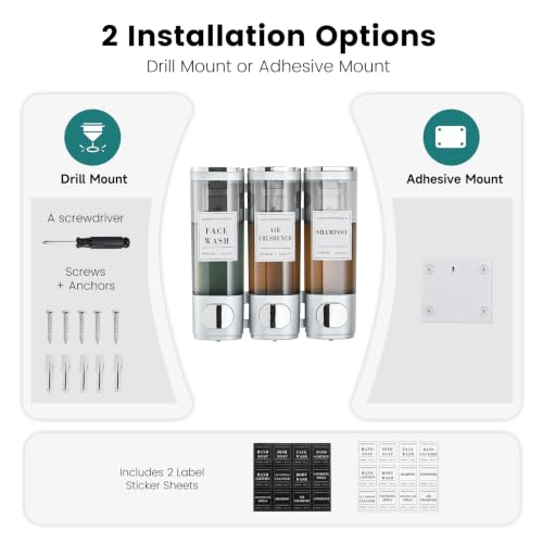 Shower Soap Dispenser 3-Chamber Wall Mount Shampoo Dispenser,Silver | Latch design No Drill Shampoo and Conditioner Dispenser for Bathroom Hotel, Durable ABS Material Large Capacity - color: 3silver