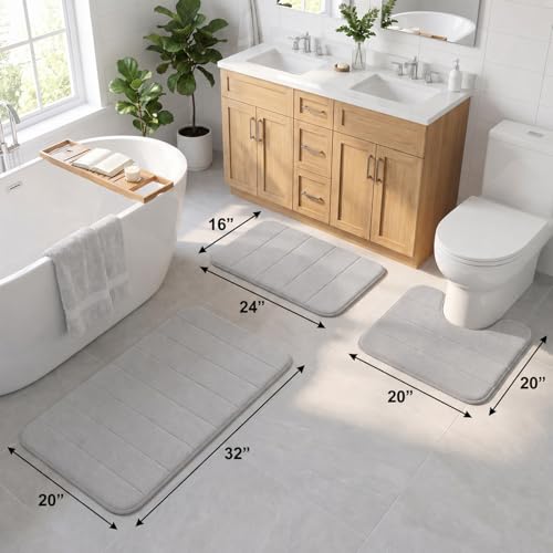 Bathroom Rugs Set 3 Piece, Memory Foam Bath Rugs, Non Slip Washable Bathroom Rug Set, Extra Soft Absorbent Bath Mats with U-Shaped Toilet Rug, Gray - color: Grey