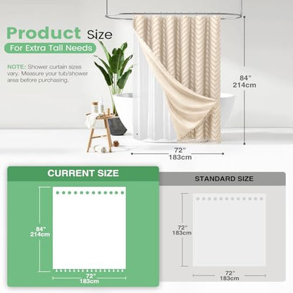 Boho Shower Curtain and Liner Set, Tufted Chevron Textured Tassel Shower Curtains for Bathroom and Waterproof Liner with Hook, 72" W x 84" L (Pack of 1), Beige 1 - color: Beige, size: 72"W x 84"L (Pack of 1)