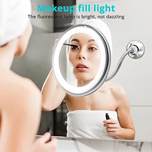 10X Magnifying Mirror with Light,Makeup Mirror with LED Light and Suction Cup,Flexible Gooseneck Make Up with Lights and Magnification for Travel Home Bathroom Vanity (White)