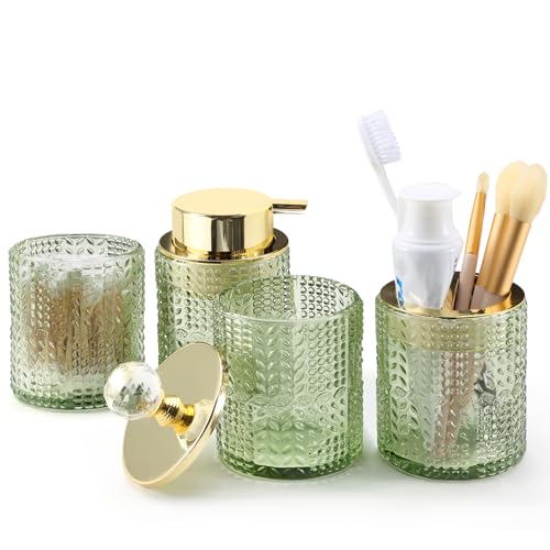 DASITON Bathroom Accessories Set,4Pcs Glass Bathroom Counter Set with Foaming Soap Dispenser,Toothbrush Holder,Bathroom Tumbler,Cotton Swab Jars, for Vanity Bathroom Decor (Green) D1102 - style: Green