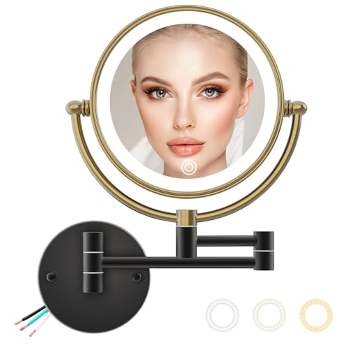Lighted Magnifying Makeup Mirror Wall Mounted, 1/11X, Brushed Moderne Brass | 3 Color LED Lighting, Touch Dimming, Memory Function, Double Sided 8" Bathroom Vanity, Extension Arm 361 Rotation, Hardwired - color: Matte Black With Brushed Moderne Brass