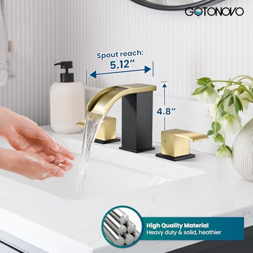 gotonovo Waterfall Bathroom Faucet 3 Hole Square Body,Brushed Gold&Black | SUS304 8’’ Widespread Bathroom Sink Faucet,2.17’’ Wide Spout,24’’ cUPC Hose,Pop Up Drain,2 Handle,Vanity,Lavatory,Basin,RV - color: Gold&Black